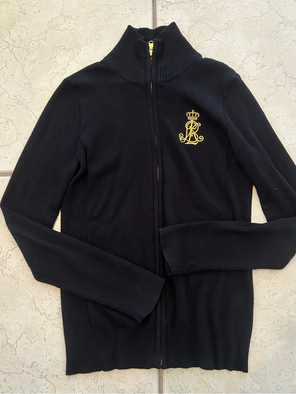 Lauren Ralph Lauren Jacket Womens M Black Sweater Gold Crest Zip Stretch